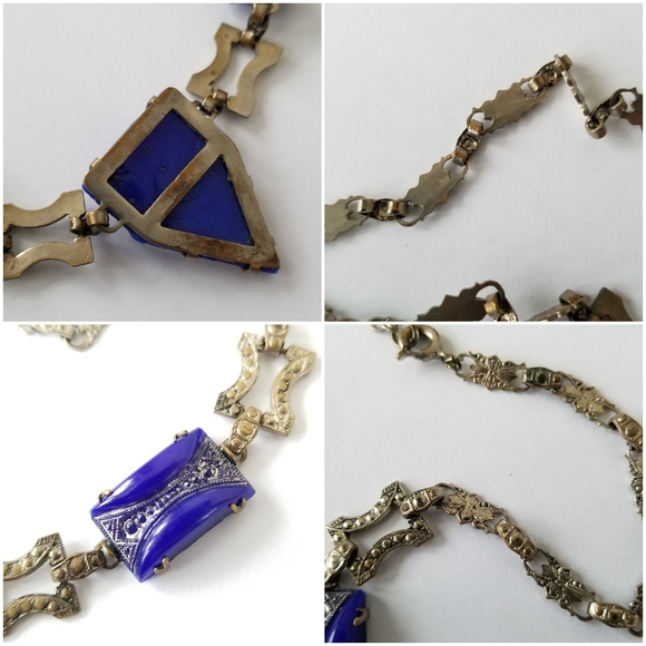 Relisted-Vintage Art Deco necklace blue glass silver tone choker - Picture 17 of 17